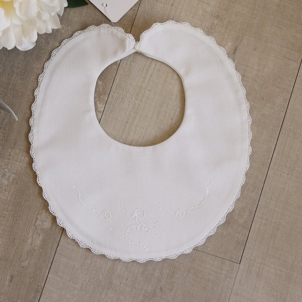 White Heirloom Bib with White Embroidery Duck Detail Feltman Brothers NEW